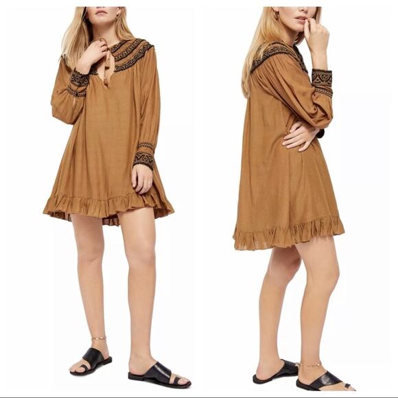 Free People Erin Embroidered Boho Mini Dress Size M NWT Long sleeve In Brown - Picture 1 of 13